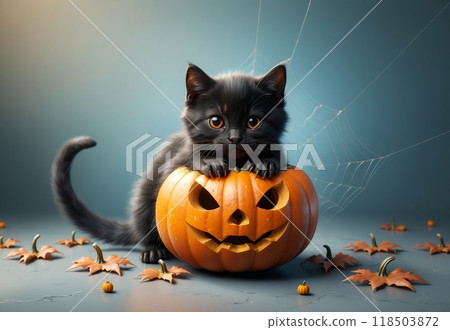 Halloween card, many pumpkins and a beautiful black cat Halloween card, many pumpkins and a beautiful black cat 118503872