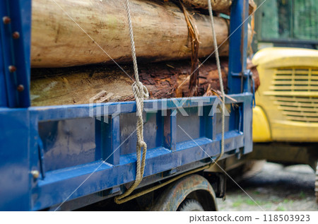 用於固定貨物的裝載繩懸掛在裝載原木的卡車的車床上 118503923