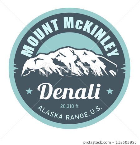 Mount McKinley stamp, Denali peak, Alaska Range emblem with snow covered mountains, vector 118503953
