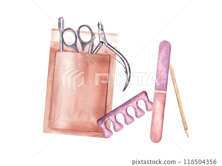 Manicure tools in paper heat drybag, double sided nail file, wood stick and separator watercolor illustration clip art. Sterilization of nail scissors, trimmer, cuticle pusher. Beauty care 118504356