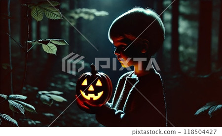 晚上，一個男孩在森林裡舉著南瓜燈 118504427