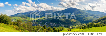 panorama of rural landscape in carpathian mountains in autumn. sunny day. grassy field and rolling hills. countryside scenery of ukraine. village in the distant valley panorama of rural landscape in carpathian mountains in autumn. sunny day. grassy field and rolling hills. countryside scenery of ukraine. village in the distant valley 118504793
