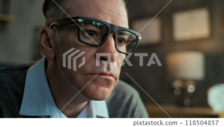 Close up of senior psychotherapist in glasses communicating and listening to patient 118504857