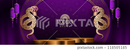 Happy Chinese New Year, purple card with snakes and round podium 118505185