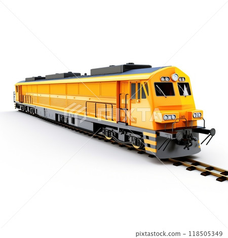 Modern Yellow Freight Train on Railway Tracks. Locomotive isolated on a white background 118505349