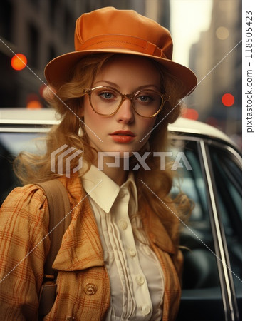 Close-up portrait of white woman in glasses and hat  118505423