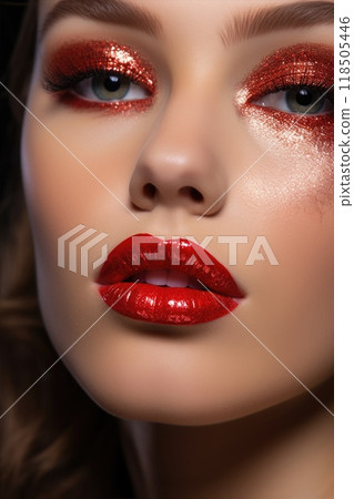 Beautiful young model with glossy red lips 118505446