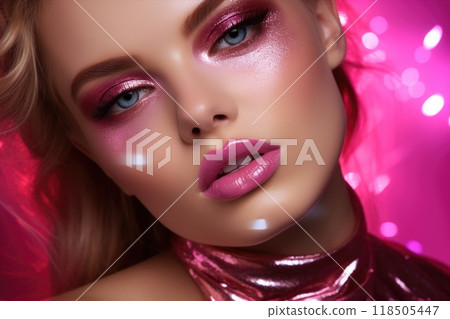 Beautiful woman face with pink makeup. 118505447