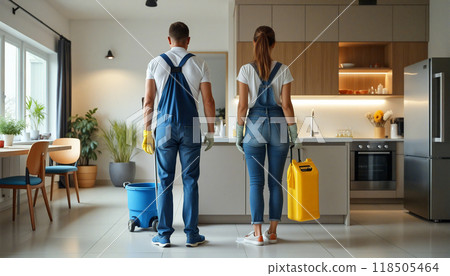 Cleaning service workers smiling and posing in kitchen 118505464