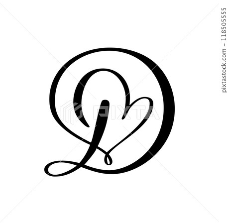 Calligraphy hand drawn vector love letter D. Vintage heart monogram. Script capital font logo. Handwritten brush style. element Valentine flourish. sign for page decoration design illustration 118505555