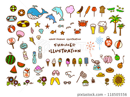 可愛的手繪夏季彩色圖像插圖集 118505556