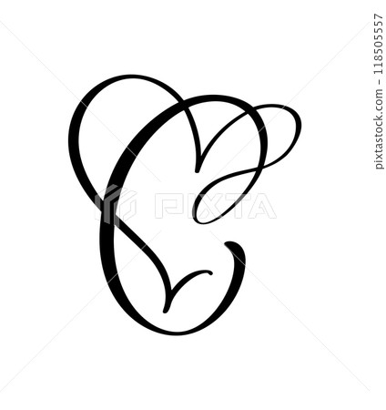 Hand drawn vector calligraphy love letter C. Vintage heart monogram. Script capital font logo. Handwritten brush style. element Valentine flourish. sign for page decoration design illustration 118505557
