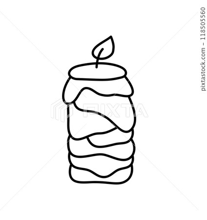 Doodle burning dopamine style outline candle. Hand drawn aesthetics line candlestick decor isolated on white background. Holiday, Valentines Day, Birthday, Christmas, church symbol. Vector festive 118505560