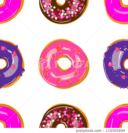 Seamless donut pattern on white background with various pink and chocolate toppings Seamless donut pattern on white background with various pink and chocolate toppings 118505694