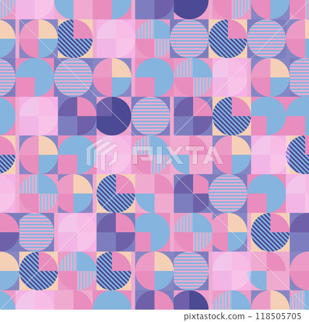 Colorful geometric seamless pattern with circles and squares in lavender shades Colorful geometric seamless pattern with circles and squares in lavender shades 118505705