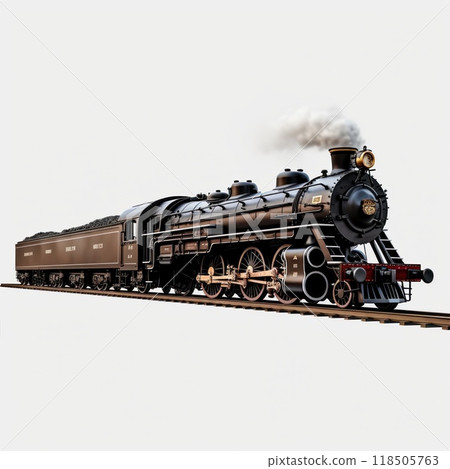 A old black train on tracks, rolling on a white background A old black train on tracks, rolling on a white background 118505763