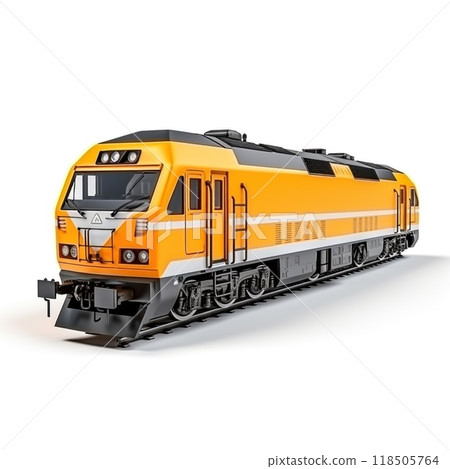 Modern Yellow Freight Train on Railway Tracks. Locomotive isolated on a white background 118505764
