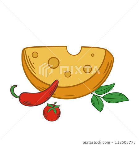 Emmental cheese with chili pepper, cherry tomato and basil sprig Emmental cheese with chili pepper, cherry tomato and basil sprig 118505775