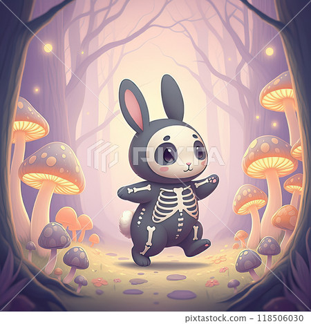 Charming Bunny in Skeleton Costume Walking in Enchanted Forest 118506030