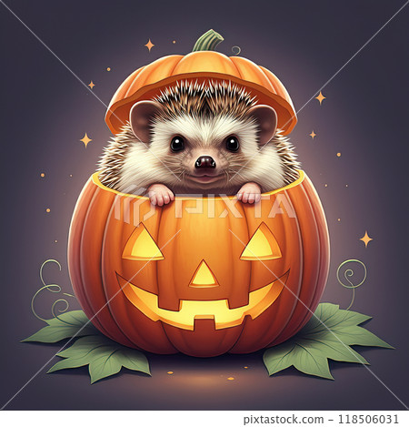 Charming Hedgehog in a Glowing Pumpkin with Magical Stars 118506031