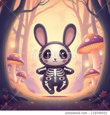 Cute Bunny in Skeleton Costume in Magical Forest 118506032