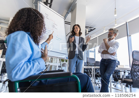 Businesswoman with disability presenting her strategy during business meeting in office Businesswoman with disability presenting her strategy during business meeting in office 118506254