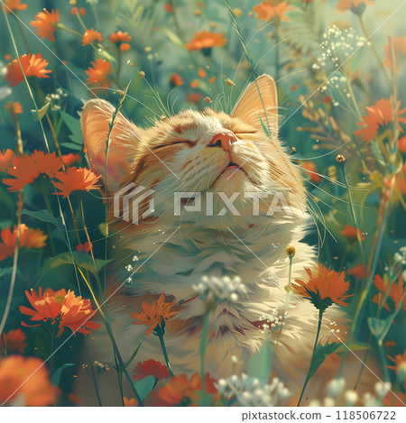 A relaxed cat enjoying a sunny day among vibrant flowers in a lush garden, embracing nature\'s beauty and tranquility 118506722