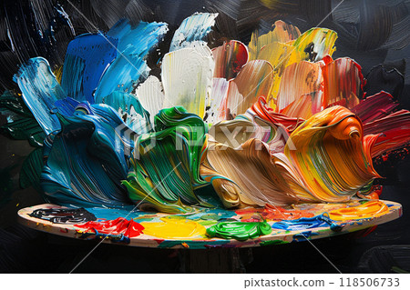 丙烯顏料在調色板上混合的那一刻，捕捉了創作的開始。 118506733