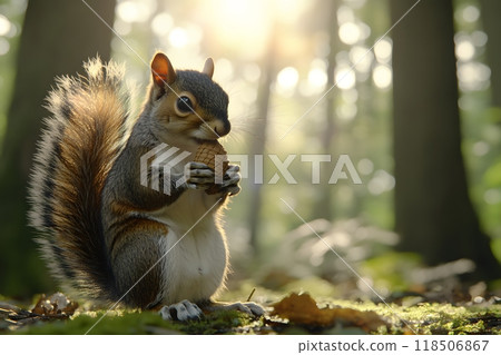 Beautiful professional photo of a squirrel with a lump in the woods Beautiful professional photo of a squirrel with a lump in the woods 118506867