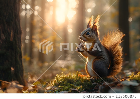 Beautiful professional photo of a squirrel with a lump in the woods Beautiful professional photo of a squirrel with a lump in the woods 118506873