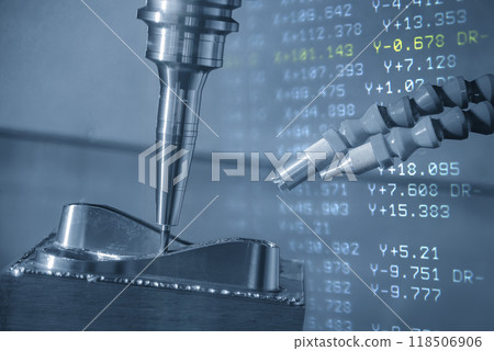 Abstract scene the CNC milling machine cutting  mold part and G-code data background. 118506906