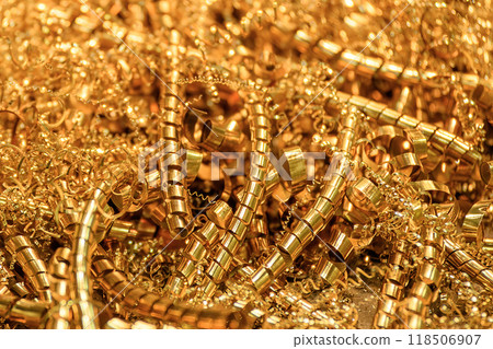 Close-up scene of the brass materials scrap from turning process. Close-up scene of the brass materials scrap from turning process. 118506907