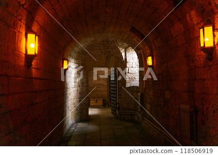 underground passage, tunnel in an ancient castle underground passage, tunnel in an ancient castle 118506919