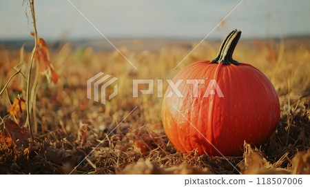 Banner with realistic close-up photo of pumpkin, farm, fall, autumn, Halloween 118507006