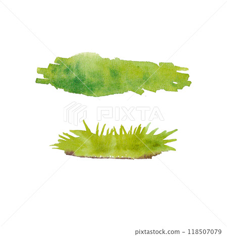 Watercolor featuring a green brushstroke and patch of grass. Illustration background of green grass, spring meadow. Landscape spring. Ideal for nature-themed designs, botanical, or eco-friendly decor. 118507079