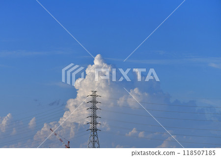 Yokohama cityscape in Japan. Power lines and a "summer sky". The Japanese archipelago continues to experience intense heat... Huge clouds rise into the sky = September 14th 118507185