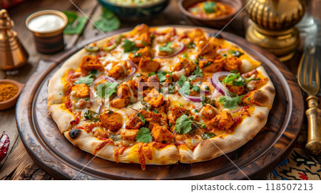 Hot pizza with chicken, red and green peppers, red onions, cheese and sauce Hot pizza with chicken, red and green peppers, red onions, cheese and sauce 118507213
