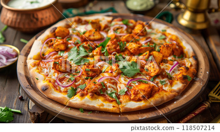Hot pizza with chicken, red and green peppers, red onions, cheese and sauce Hot pizza with chicken, red and green peppers, red onions, cheese and sauce 118507214