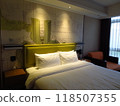 A beautiful hotel bed while traveling abroad 118507355
