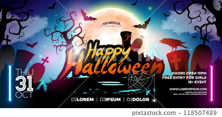 Halloween Party Banner Illustration with Scary Faced Pumpkins on Night Blue Cemetery Background. Vector Holiday Design Template with Flying Bats and Typography Lettering for Flyer, Party Invitation Halloween Party Banner Illustration with Scary Faced Pumpkins on Night Blue Cemetery Background. Vector Holiday Design Template with Flying Bats and Typography Lettering for Flyer, Party Invitation 118507489