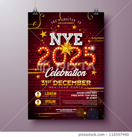 Happy New Year 2025 Party Celebration Poster Template Illustration with Glowing Light Bulb Billboard Number on Brick Wall Background. Vector New Year Eve Holiday Design. Premium Invitation Flyer or 118507490