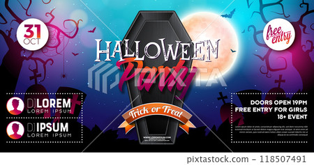 Halloween Party Banner Illustration with Moon and Coffin on Night Blue Cemetery Background. Vector Holiday Design Template with Flying Bats and Typography Lettering for Flyer, Party Invitation Halloween Party Banner Illustration with Moon and Coffin on Night Blue Cemetery Background. Vector Holiday Design Template with Flying Bats and Typography Lettering for Flyer, Party Invitation 118507491