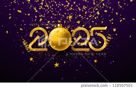 Happy New Year 2025 Illustration with Gold Number, Christmas Ball and Falling Confetti on Dark Violet Background. Holiday Design with Typography Lettering for Flyer, Greeting Card, Banner, Celebration Happy New Year 2025 Illustration with Gold Number, Christmas Ball and Falling Confetti on Dark Violet Background. Holiday Design with Typography Lettering for Flyer, Greeting Card, Banner, Celebration 118507501
