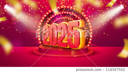 Happy New Year 2025 Illustration with 3d Number, Stage Podium and Falling Confetti on Red Background. Holiday Design with Typography Lettering for Flyer, Greeting Card, Banner, Celebration Poster 118507502