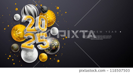 Happy New Year 2025 Banner Illustration with 3d Gold Number and Christmas Ball on Black Background. Holiday Design with Typography Lettering for Flyer, Greeting Card, Celebration Poster, Party 118507503
