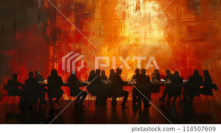 A group gathers around a table for a literary meeting, sharing ideas and books in a warmly lit atmosphere 118507609