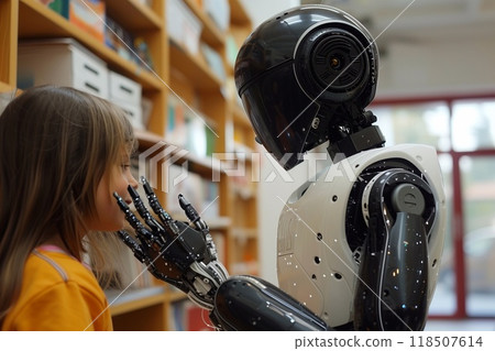 A friendly robot interacts with children in a lively store, bringing joy and playful moments to their shopping experienc 118507614