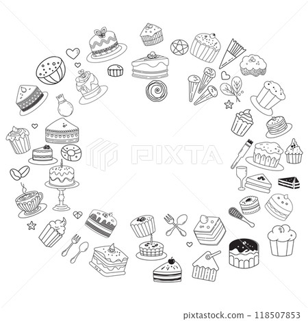 Line art vector design with cute doodles of cakes  cupcakes 118507853
