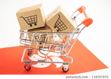 Box with shopping online cart logo and HongKong flag, Import Export commerce finance delivery trade. Box with shopping online cart logo and HongKong flag, Import Export commerce finance delivery trade. 118507870