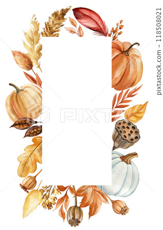 Vintage watercolor painting autumn frame with pumpkins, foliage Isolated background. Fall flora invitation card template 118508021